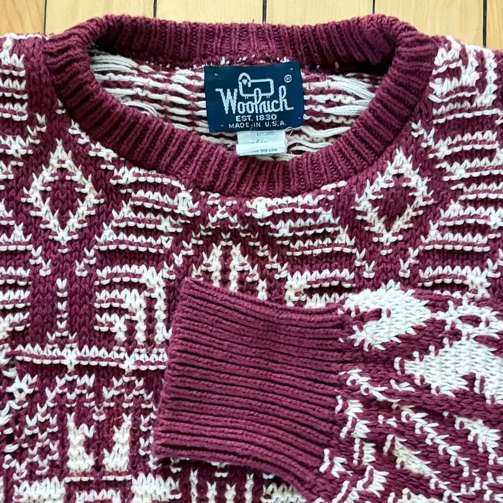 Vintage Woolrich Mens Large Burgundy Cotton Geometric Nordic Knit Sweater USA